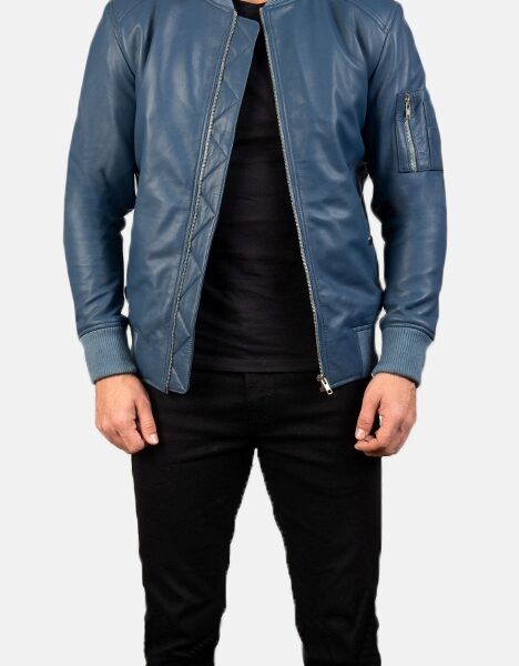 Top quality Blue Leather Bomber Jacket for men