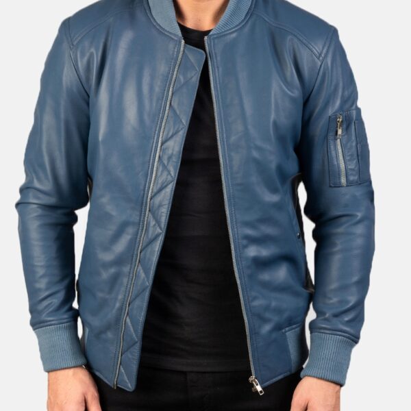 Blue Leather Bomber Jacket for men