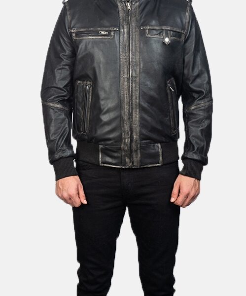 premium quality Black Leather Bomber Jacket for men