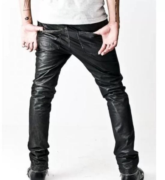 Front Zip Skinny Black Leather Pants for men