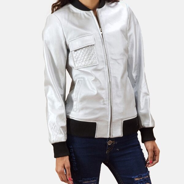 Silver Leather Bomber Jacket for women