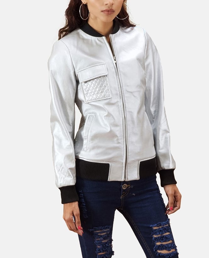 Buy best quality Silver Leather Bomber Jacket for women Silver Leather Bomber Jacket for women