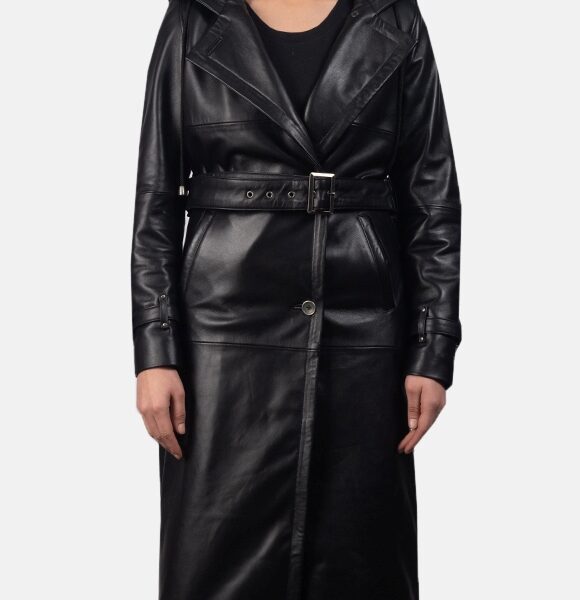 Hooded black trench leather coat for women
