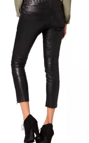 Zip Pockets Black Leather Capri Pant for women