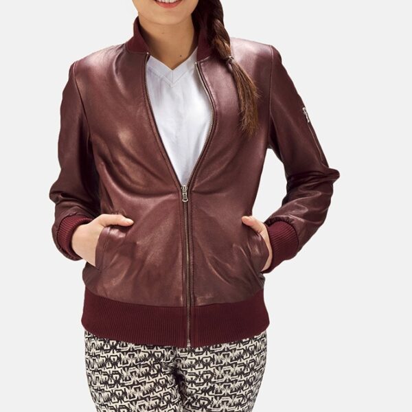 Maroon Leather Bomber Jacket for women