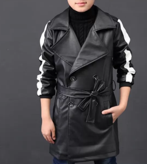Black Waist Belt Double Breast Long Leather Jacket for boy