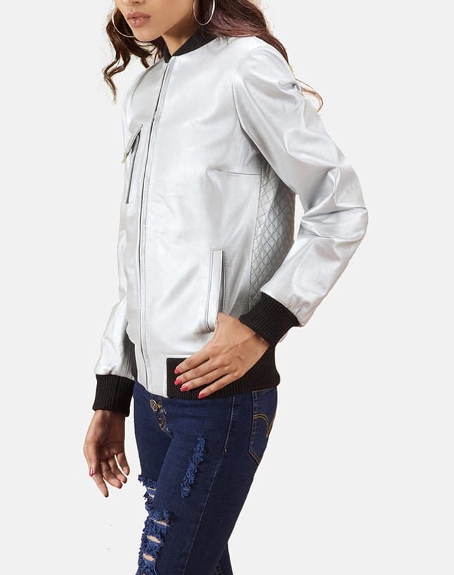 Buy Top quality Silver Leather Bomber Jacket for women Top quality Silver Leather Bomber Jacket for women