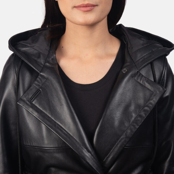 Hooded black trench leather coat for women