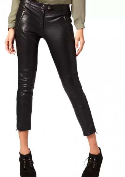 Zip Pockets Black Leather Capri Pant for women