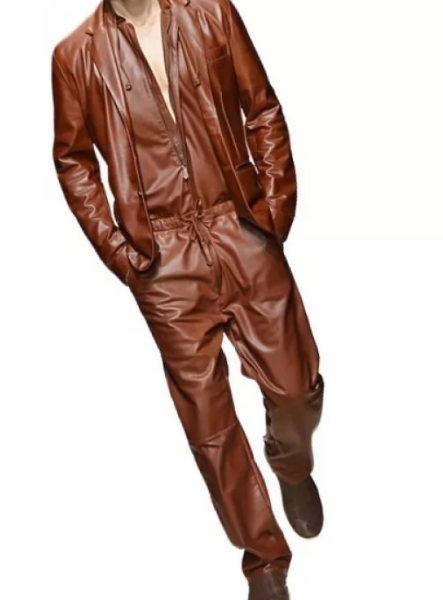 Brown Leather Jumpsuit With Blazer for men