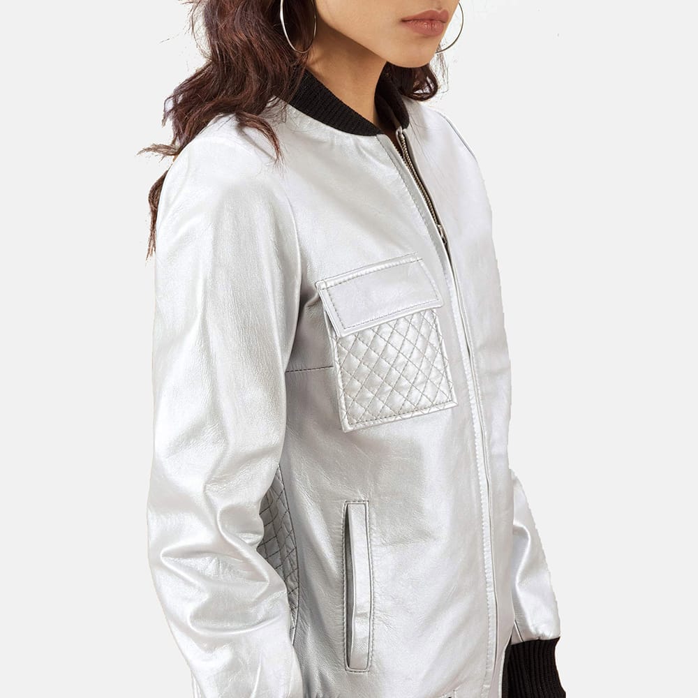 Buy best quality Silver Leather Bomber Jacket for women Silver Leather Bomber Jacket for women