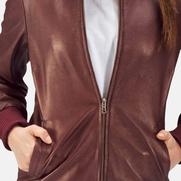 Maroon Leather Bomber Jacket for women
