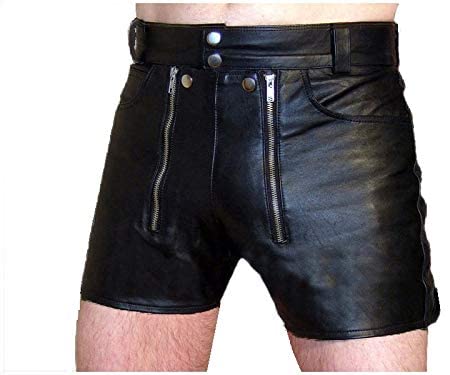 Black Rear Zip Leather Short for men