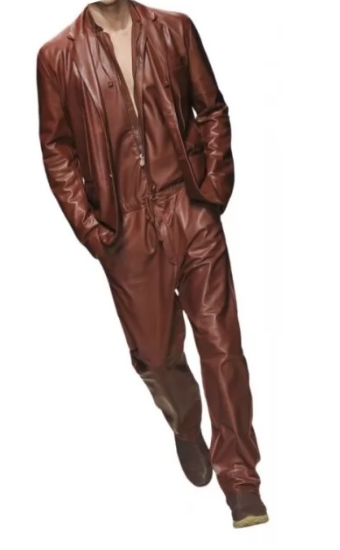 Brown Leather Jumpsuit With Blazer for men