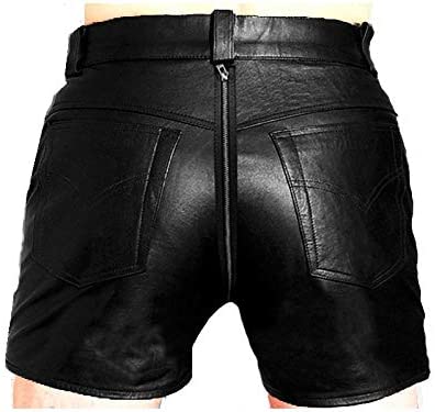 Black Rear Zip Leather Short for men