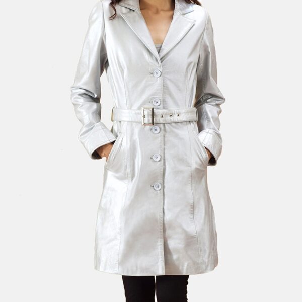 Silver Leather Trench Coat for women