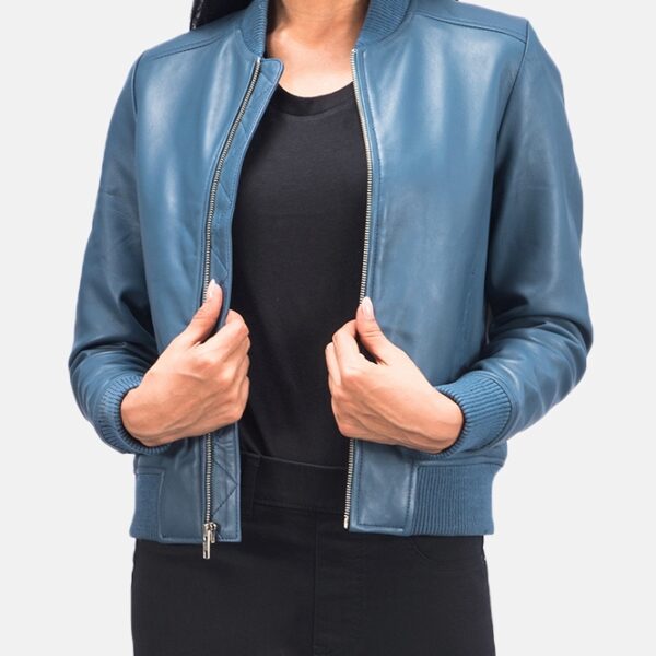 Blue Leather Bomber Jacket for women