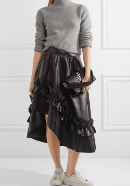 Black Leather Midi Skirt for Women