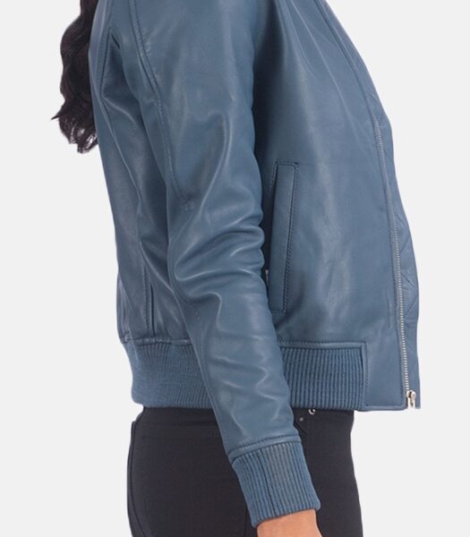 Blue Leather Bomber Jacket for women
