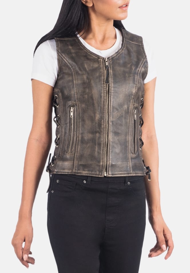 Buy best quality Brown Leather Biker Vest for women Brown Leather Biker Vest for women