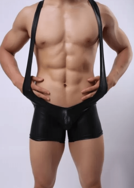 Black Leather Underwear Romper for men