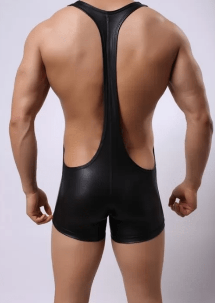 Men Black Leather Underwear Romper for men